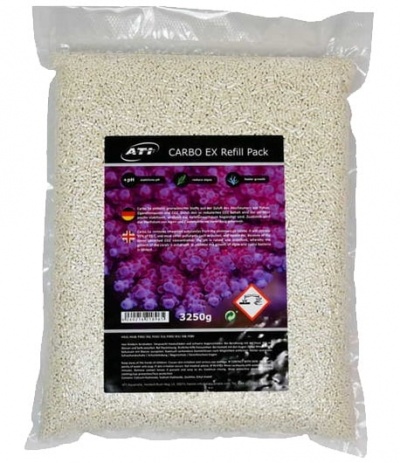 Pacote transparente com pellets brancos e etiqueta preta ATI CARBO EX Refill Pack