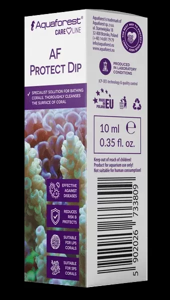 Caixa do Aquaforest AF Protect Dip com imagem de coral e texto informativo
