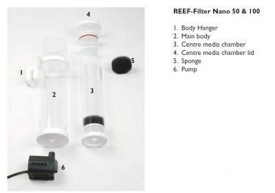 Componentes do filtro REEF-Filter Nano 50 & 100 organizados sobre fundo branco.