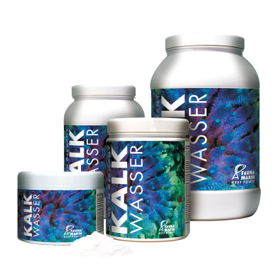 Embalagens de suplemento com rótulos azul, roxo e texto branco KALK WASSER e FAUNA MARIN REEF POWER