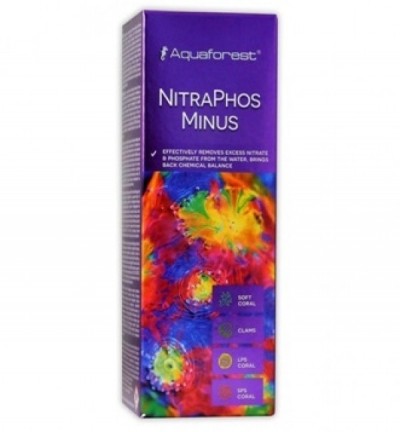 Embalagem roxa do produto Aquaforest NitraPhos Minus com imagens coloridas de corais
