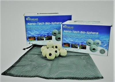 Embalagens Nano-Tech Bio-Sphere com esferas brancas porosas e rede preta