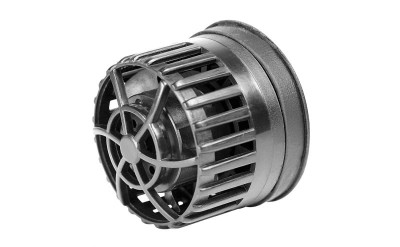 Peça mecânica cilíndrica cinza com grelha frontal em fundo branco