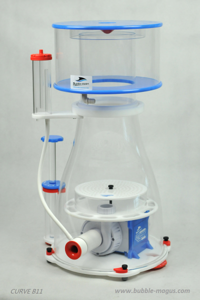 Skimmer aquário Bubble Magus CURVE B11 acrílico azul e branco com detalhes vermelhos