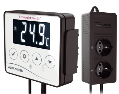 Controlador digital T controller twin 2.0 AQUA MEDIC com visor e duas tomadas elétricas pretas