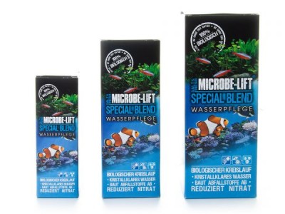 Caixas do produto Microbe-Lift Special Blend Wasserpflege com design azul e ilustração de peixes