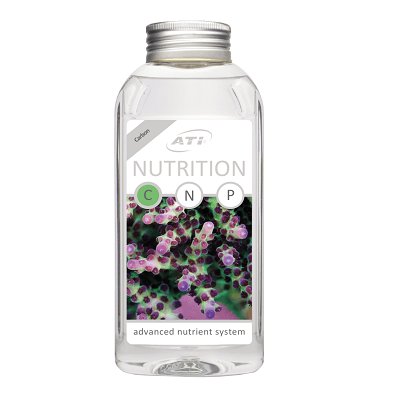 Frasco transparente com rótulo da ATI Nutrition e padrão orgânico colorido