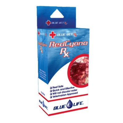 Embalagem do produto Blue Life RedCyano Rx com texto e imagem de coral