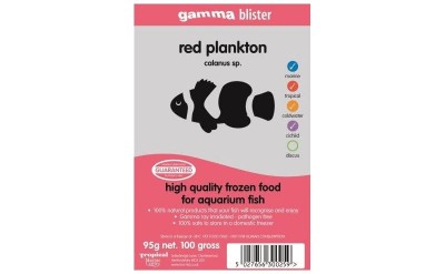 Embalagem de alimento congelado para peixes de aquário com texto e imagem de peixe preto