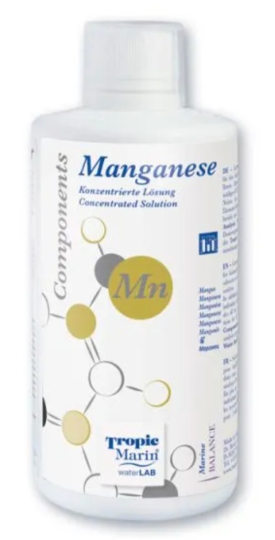 Frasco branco de solução concentrada de manganês com etiqueta molecular