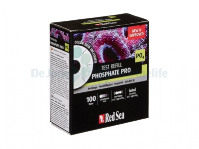 Embalagem preta Red Sea Test Refill Phosphate Pro para teste de fosfato com disco colorido e texto em inglês.