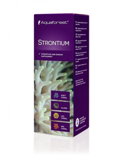 Embalagem de suplemento Aquaforest STRONTIUM para corais e amêijoas, cor violeta com imagem de coral