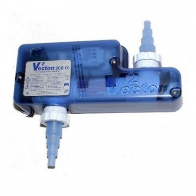 Bomba V2 Vecton 200 azul com conexões para tubos e etiqueta técnica