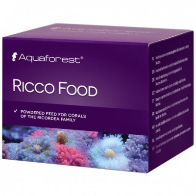 Caixa roxa do Aquaforest Ricco Food com imagem de corais coloridos