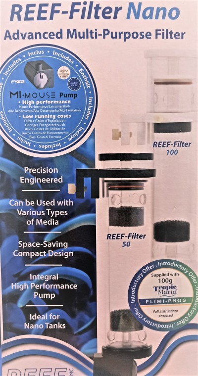 Imagem promocional de filtro para aquários REEF-Filter Nano branco com texto em inglês