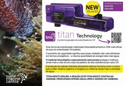 Esterilizadores UV Vecton 550 e 850 roxos transparentes com descrição técnica ao lado.