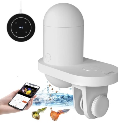 Dispositivo branco para alimentação automática de peixes com câmara e telemóvel com app