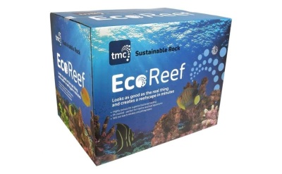 Caixa azul do produto EcoReef com imagens de corais e peixes