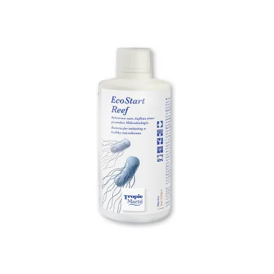 Frasco branco EcoStart Reef Tropic Marin com ilustração de bactérias