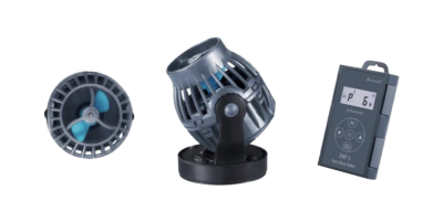 Ventilador portátil cinzento com hélice azul e dispositivo digital cinzento com visor e botões