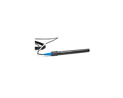 Sensor preto cilíndrico com ponta azul e cabo preto, texto Metrohm Dropsens