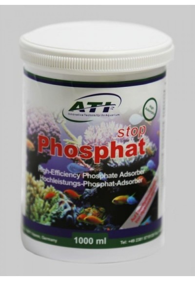 Frasco branco com rótulo colorido e texto sobre adsorvente de fosfato para aquários