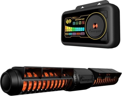 Aquecedor portátil preto com grelhas laranja e comando digital preto com visor colorido