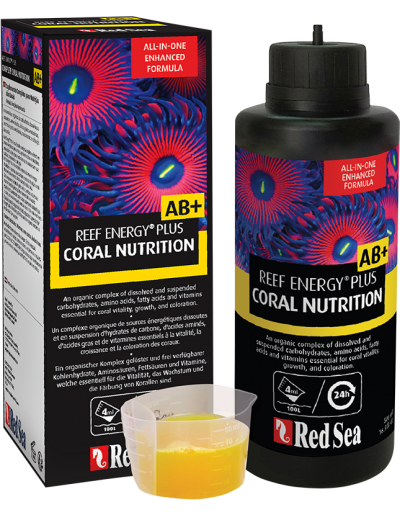 Frasco e caixa do suplemento Reef Energy Plus Coral Nutrition AB+ da Red Sea com copo medidor