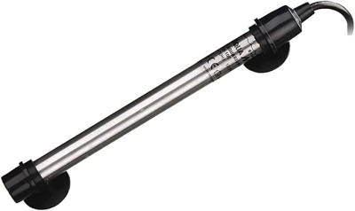 Resistência de aquário metálica prateada com detalhes pretos e marcações numéricas.