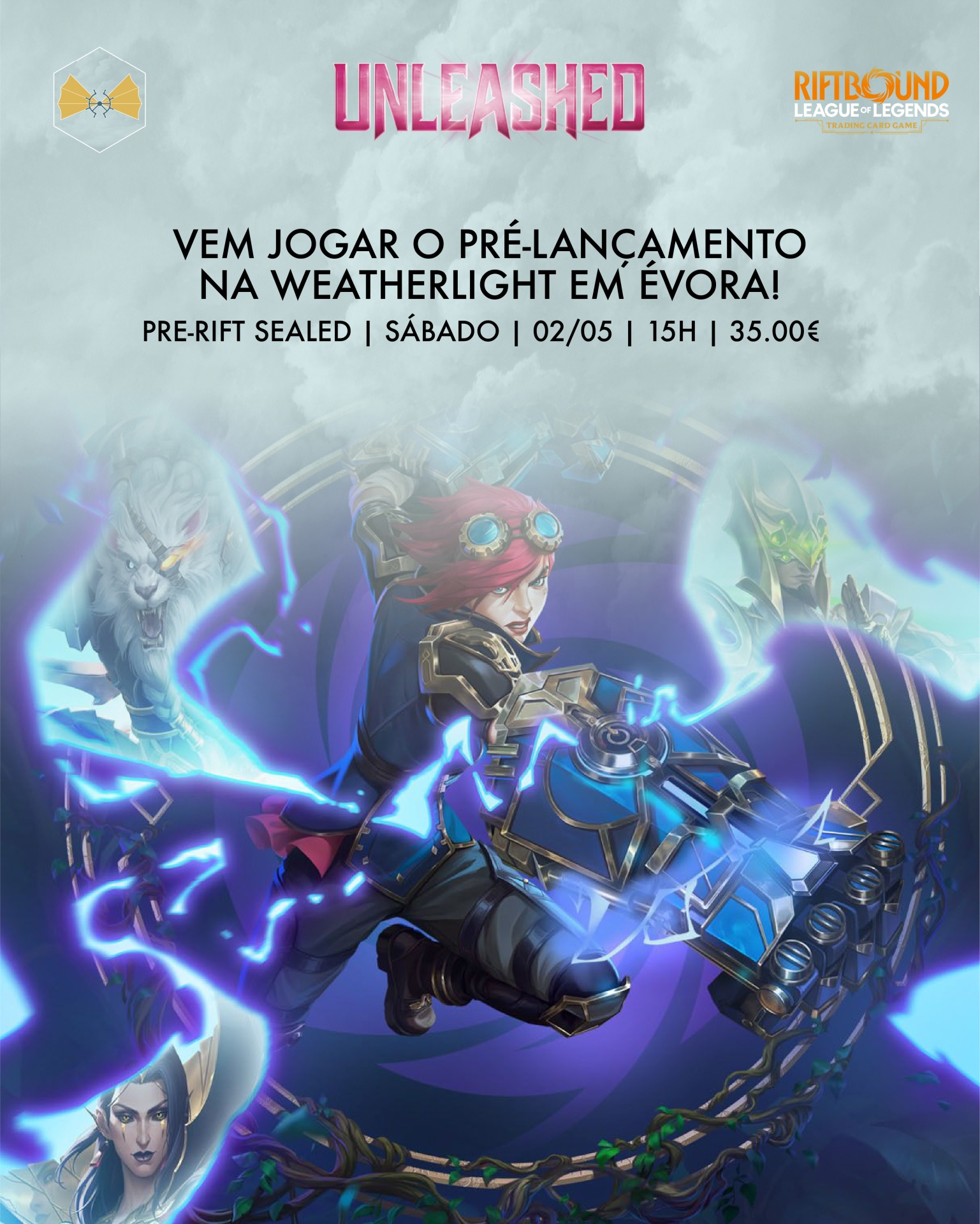 Anúncio de pré-lançamento do jogo de cartas League of Legends com texto e personagens ilustrados coloridos
