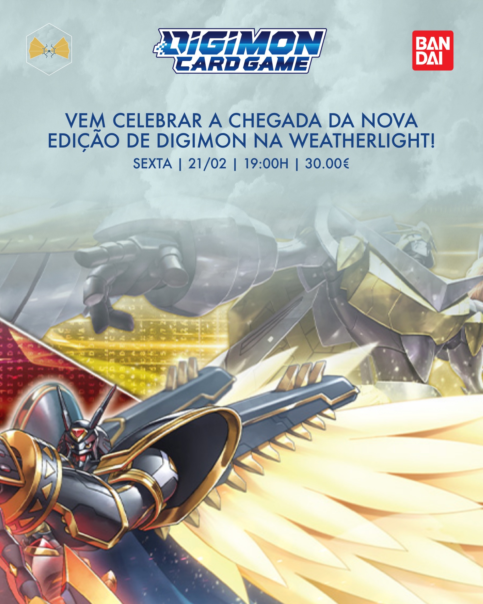 Cartaz promocional do jogo de cartas Digimon da Bandai com personagens robóticos e texto em português