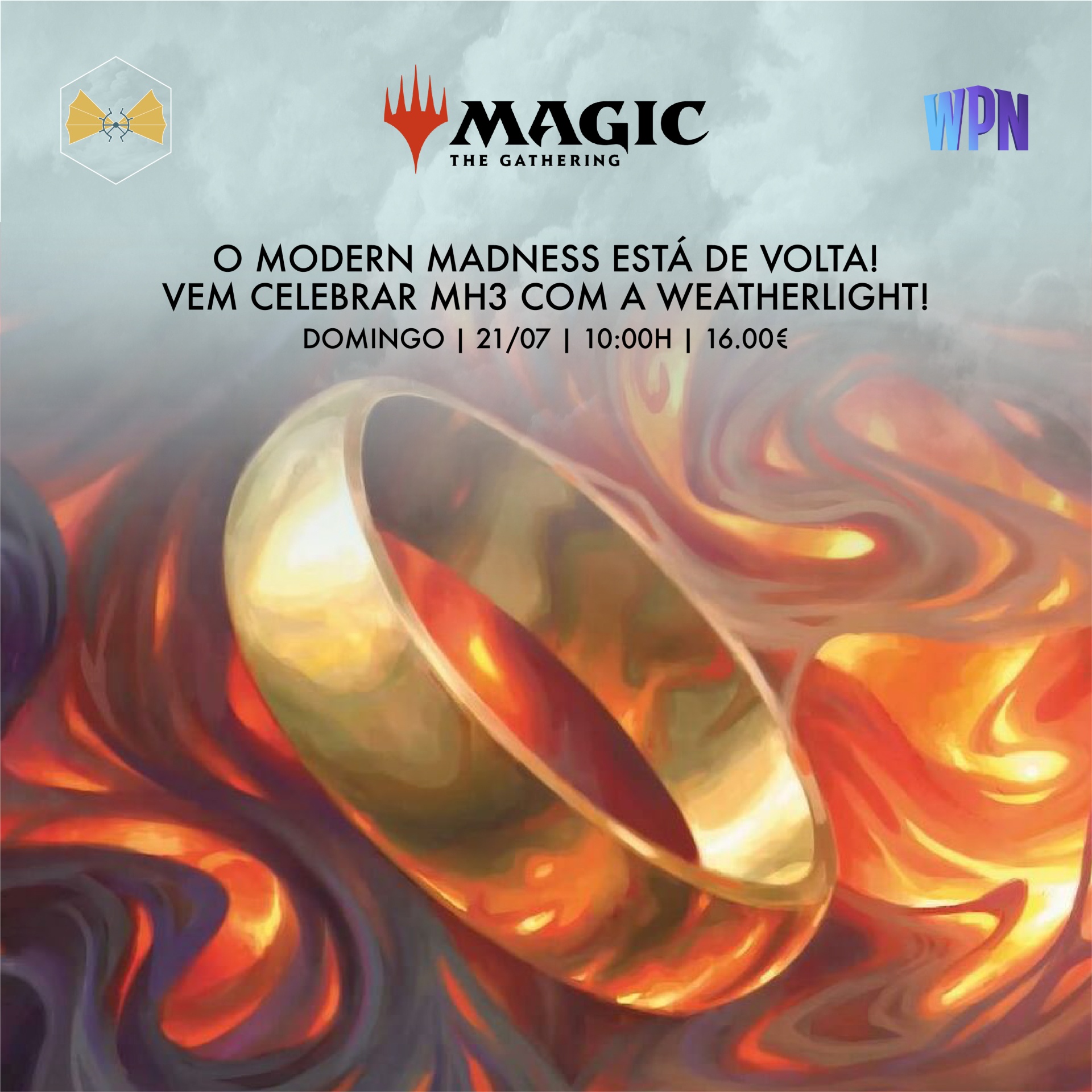 Anel dourado em chamas coloridas com texto promocional de evento Magic: The Gathering Modern Madness em português.