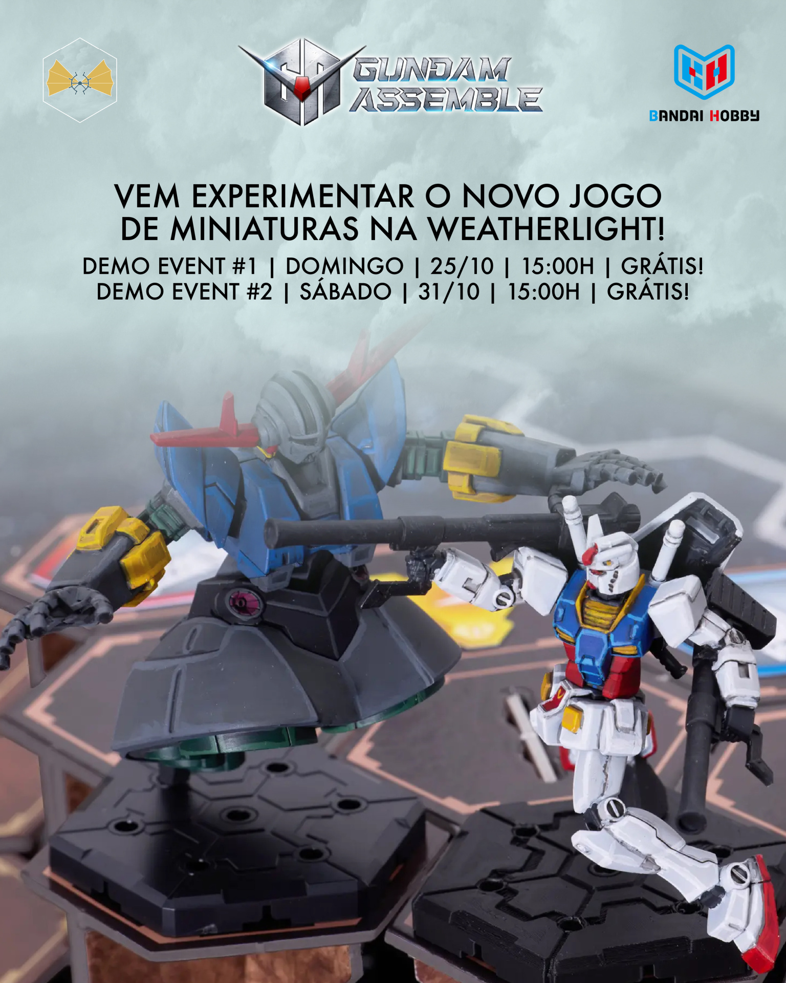 Duas miniaturas de robôs Gundam em bases hexagonais pretas