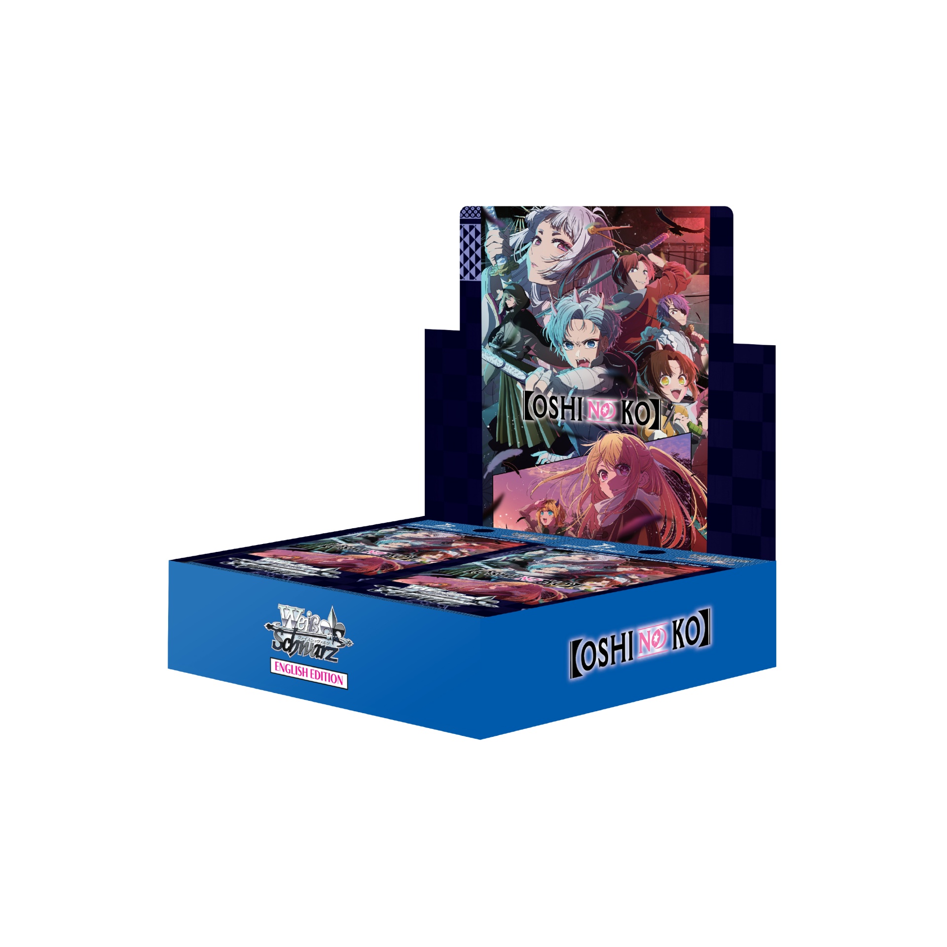 Weiß Schwarz: Oshi no Ko - Vol.2 - Booster Box - EN Caixa azul com personagens de anime e textos OSI NO KO e Weiß Schwarz ENGLISH EDITION