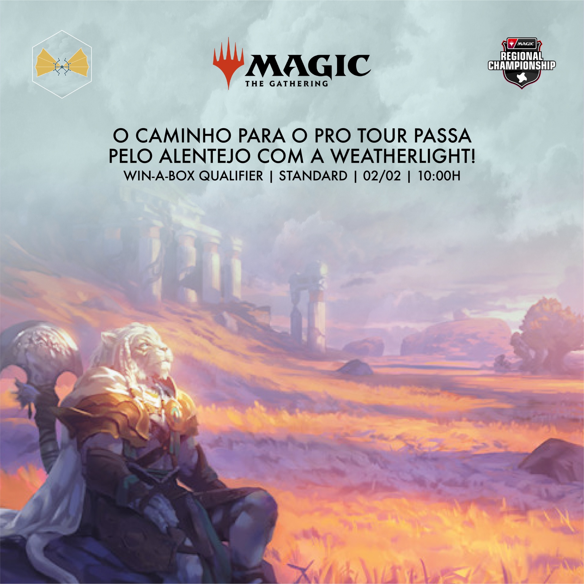 Cartaz promocional Magic The Gathering com texto sobre evento WIN-A-BOX QUALIFIER e cenário de personagem em paisagem do Alentejo
