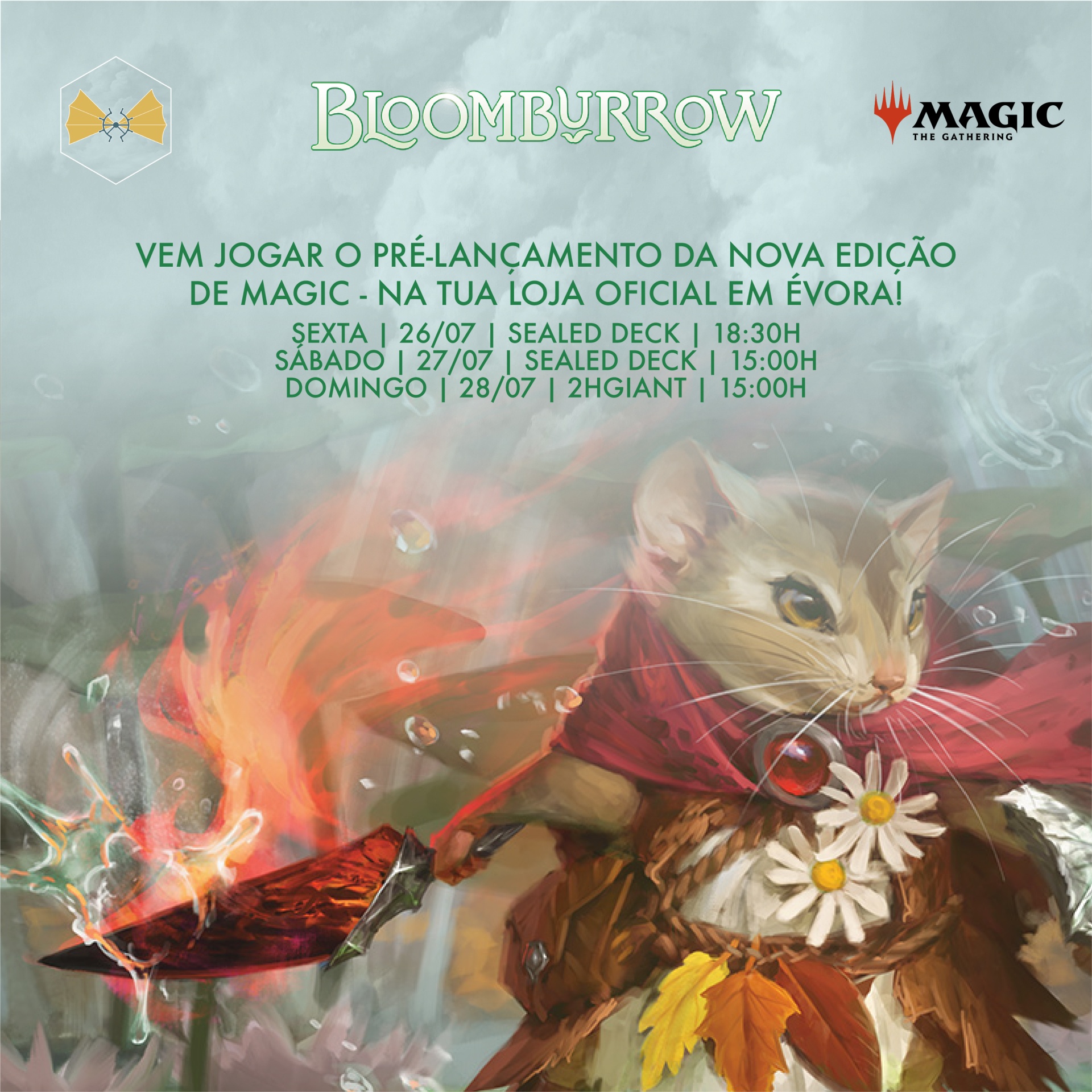 Cartaz promocional de Magic: The Gathering edição Bloomburrow com rato guerreiro em fantasia