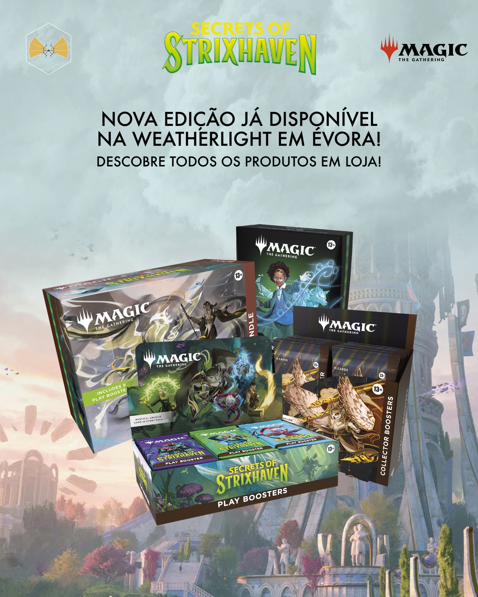 Produtos Magic The Gathering coleção Secrets of Strixhaven em fundo de paisagem fantástica com texto promocional em português.