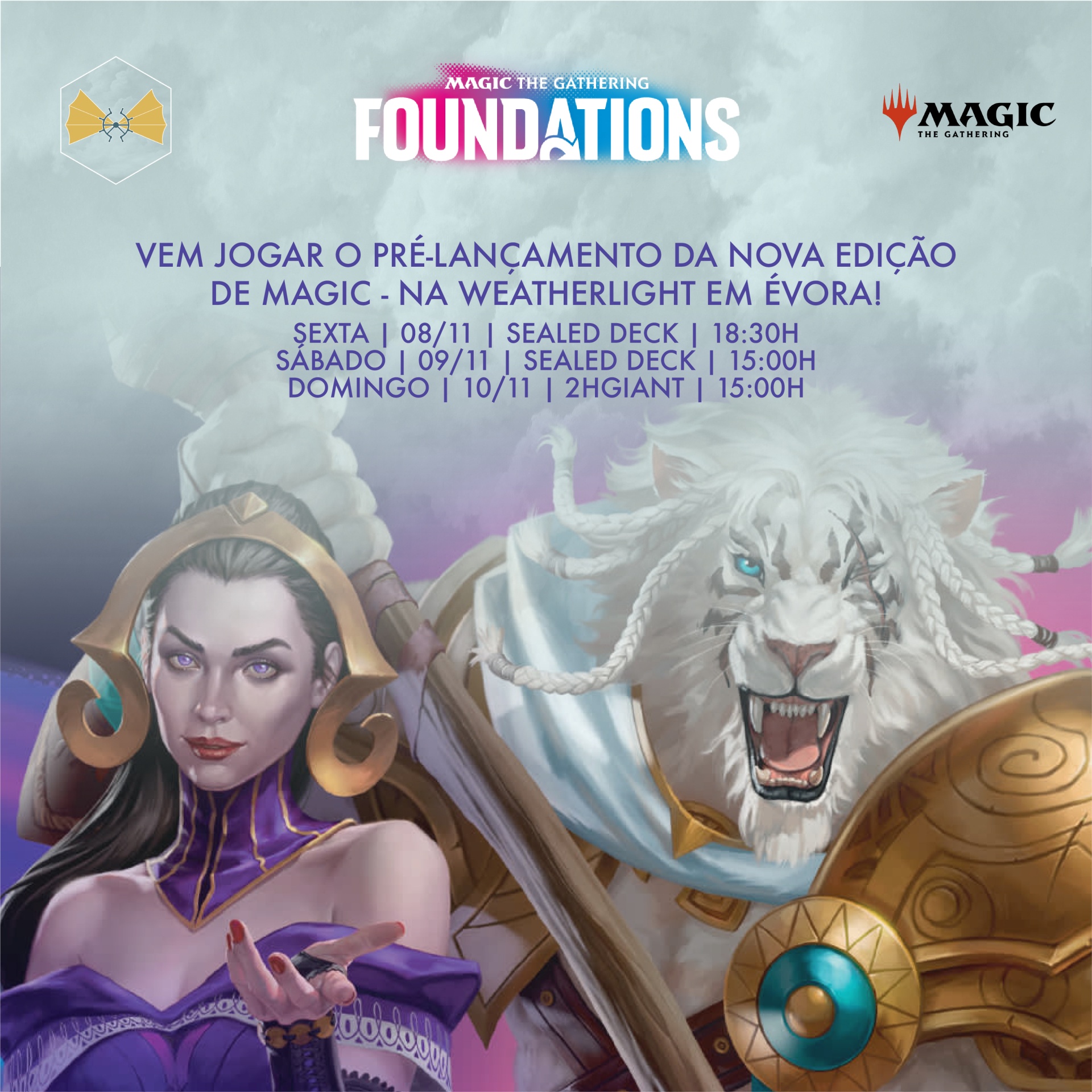 Promoção do jogo Magic The Gathering Foundations com mulher e tigre branco em armadura