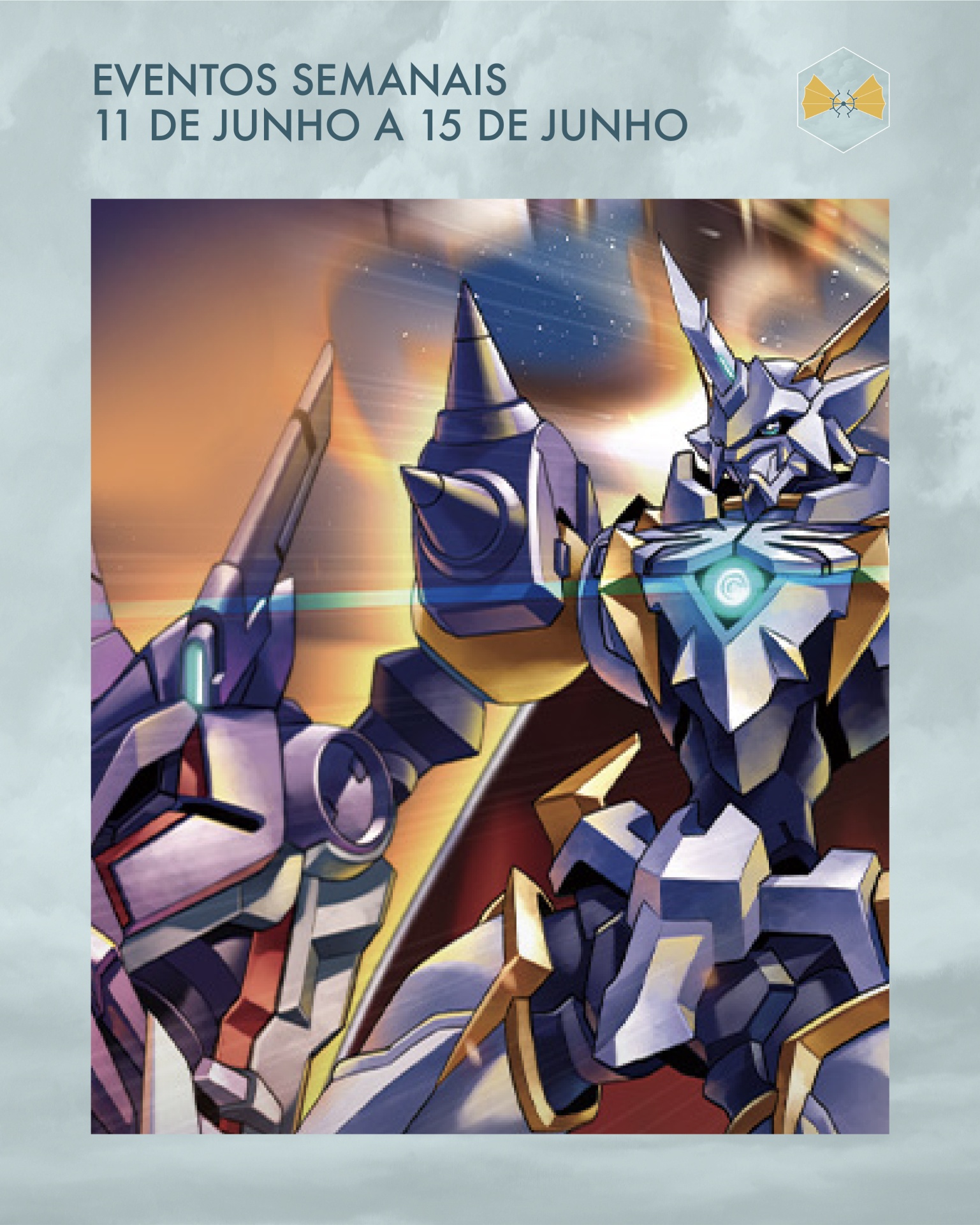 Ilustração de dois robôs futuristas em cartaz para eventos semanais de junho.