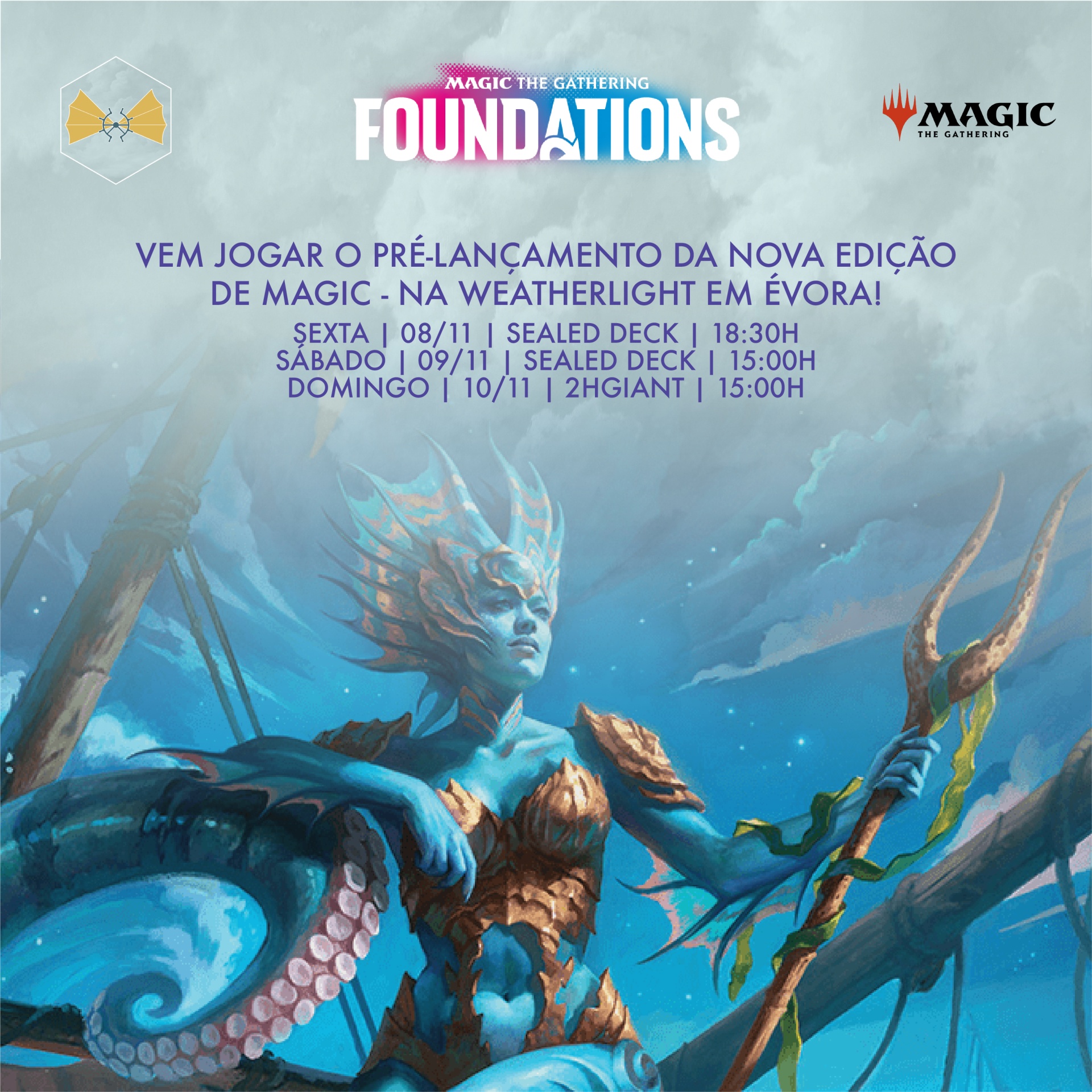 Cartaz promocional do jogo Magic: The Gathering com figura azul de fantasia e texto em português