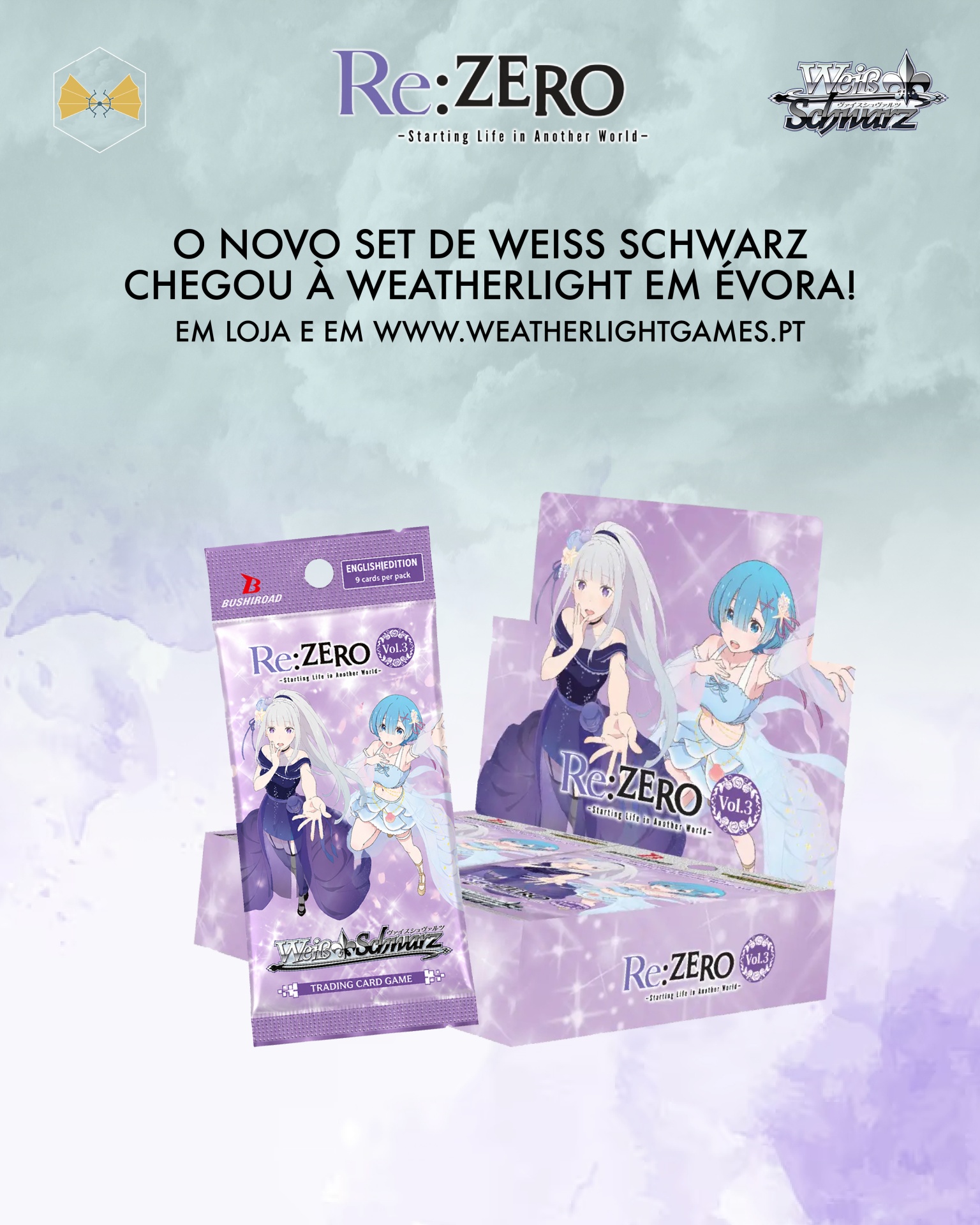 Pacote lilás do jogo de cartas Weiss Schwarz tema Re:ZERO com ilustrações de personagens femininas.