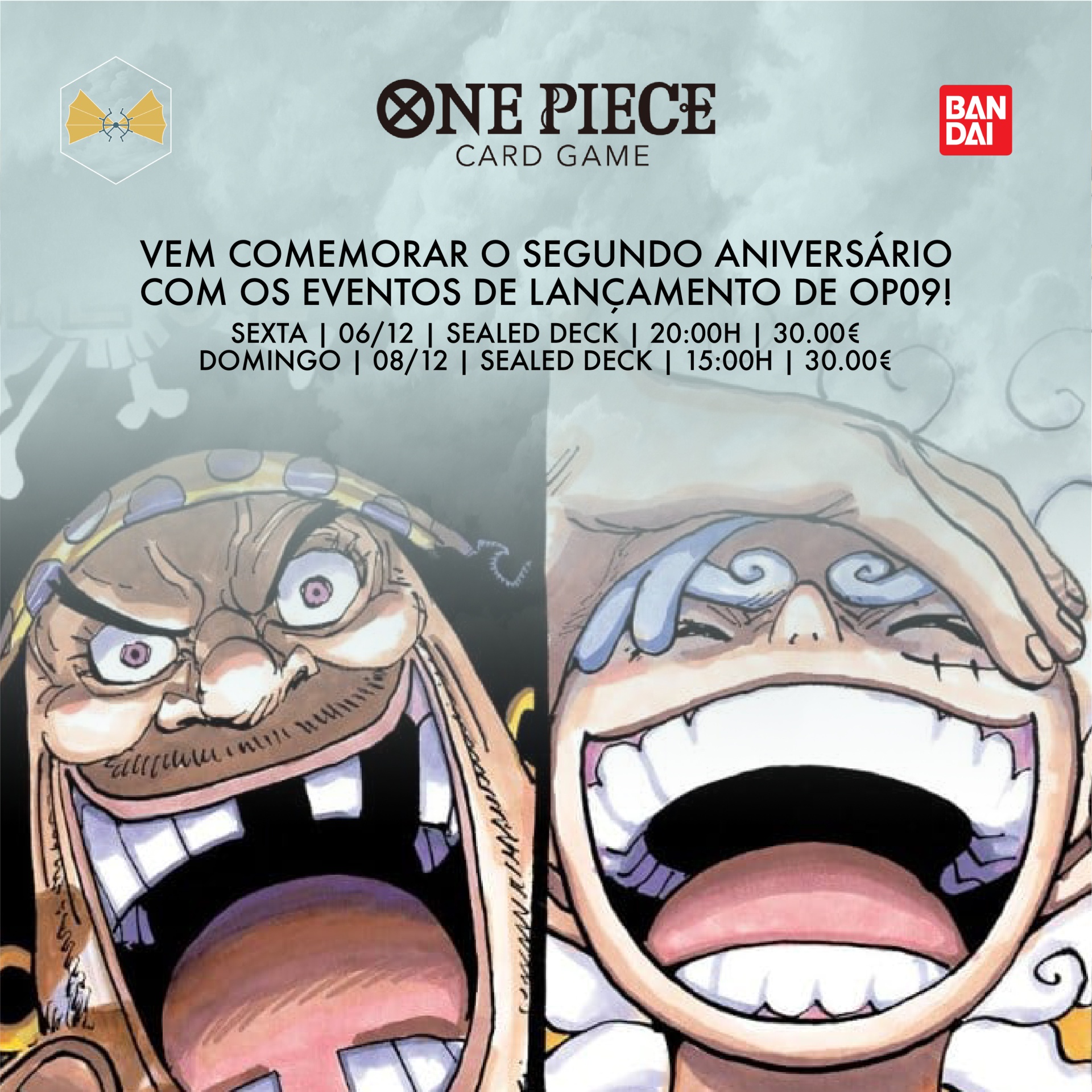 Imagem promocional do jogo de cartas ONE PIECE com dois personagens animados e texto de evento em português.
