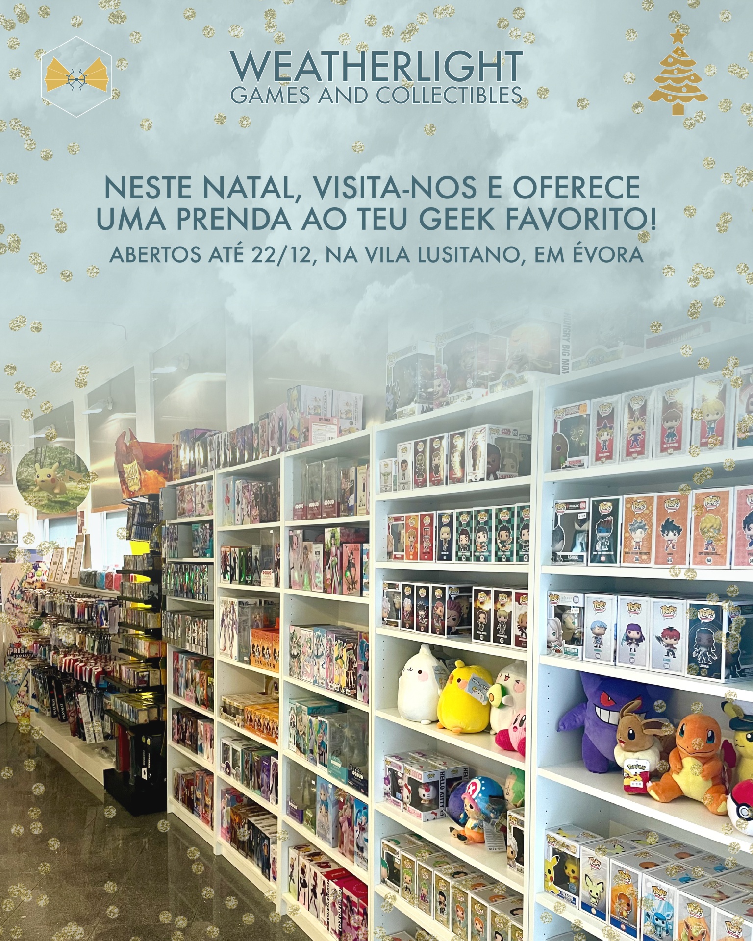 Neste Natal, as prendas para os teus Geeks favoritos estão na Weatherlight 🎁 Estantes brancas de loja com figuras Funko Pop, peluches e caixas de jogos com decoração natalícia.