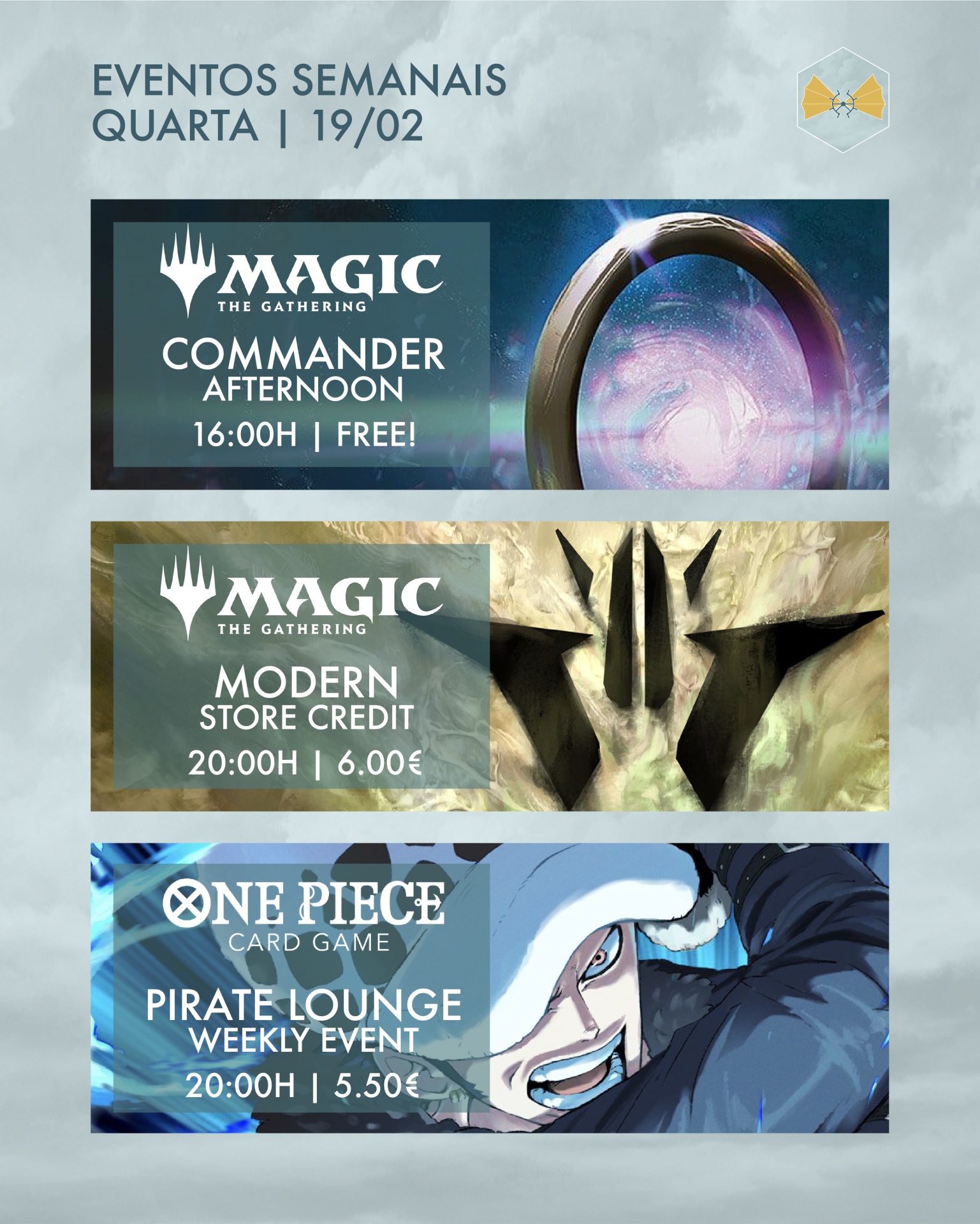 Anúncios de eventos semanais de jogos Magic The Gathering e One Piece Card Game em fundo azul claro