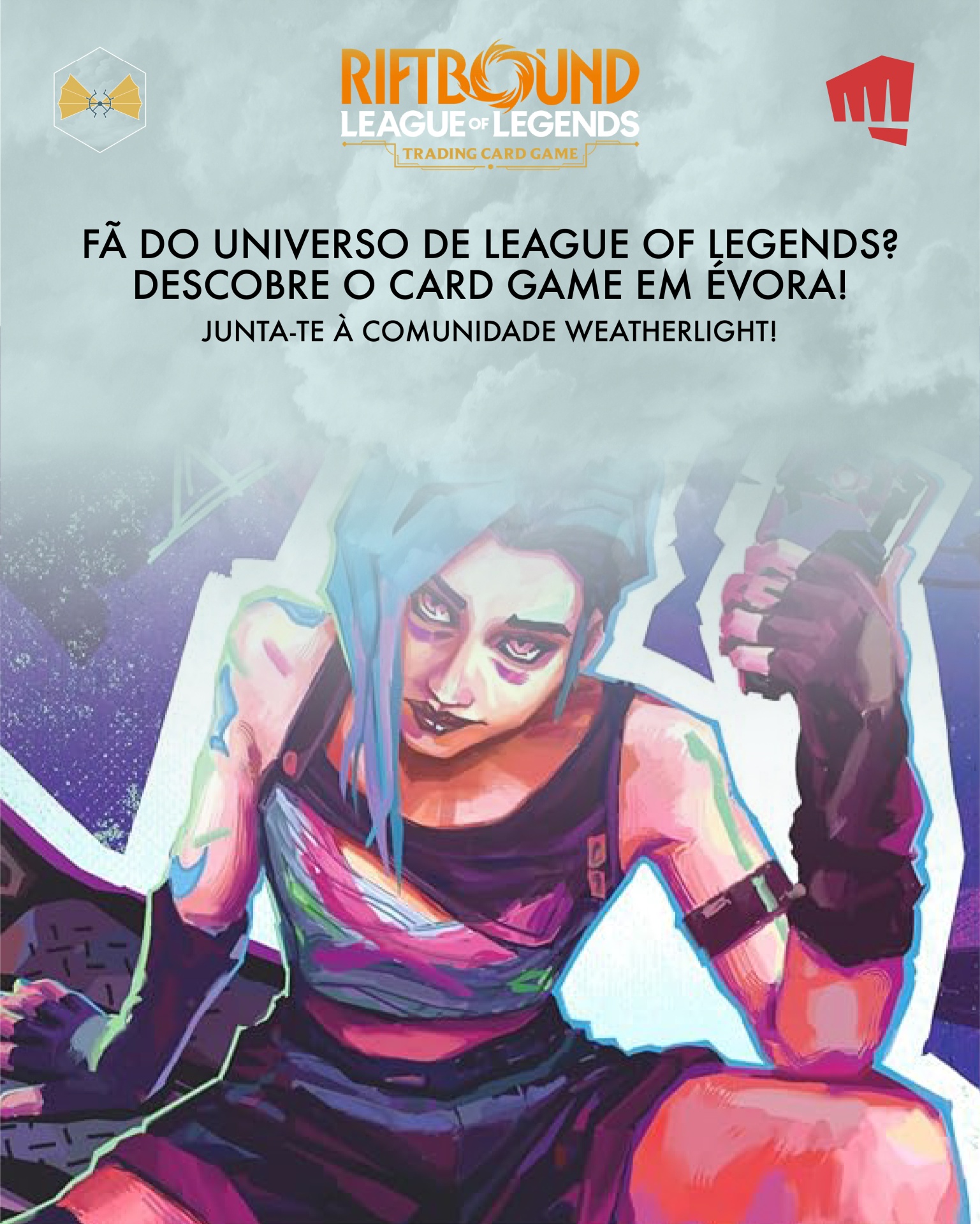 Promoção do Card Game Riftbound League of Legends com personagem ilustrado e texto em português