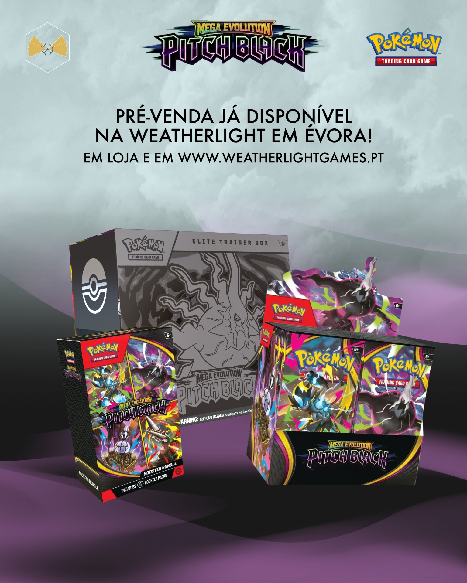 Produtos Pokémon Mega Evolution Pitch Black com aviso de pré-venda disponível em Évora e website.