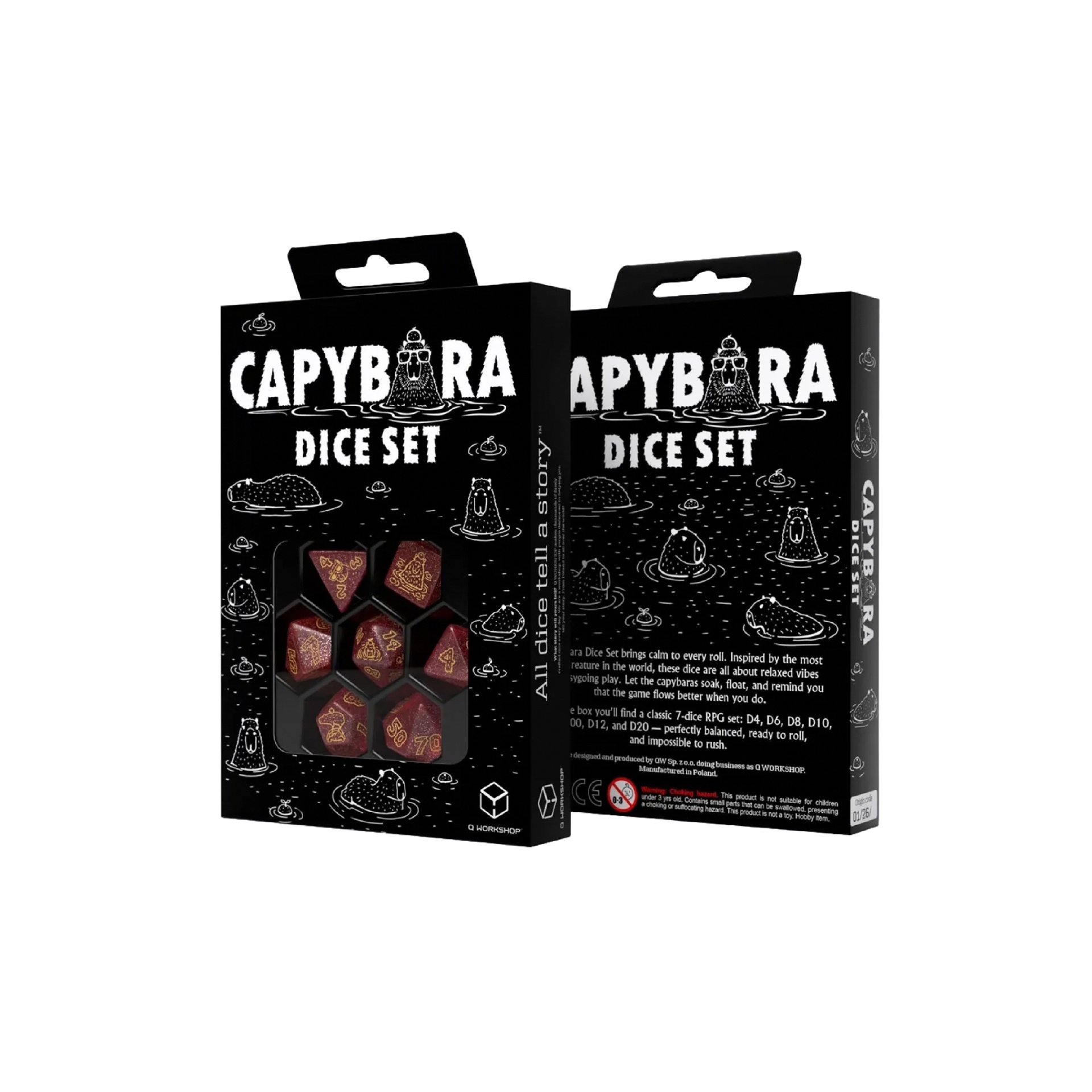 Q-workshop - Dice Set - Capybara - Chillo (7pcs) Conjunto de dados CAPYBARA DICE SET em caixa preta com ilustrações de capivaras