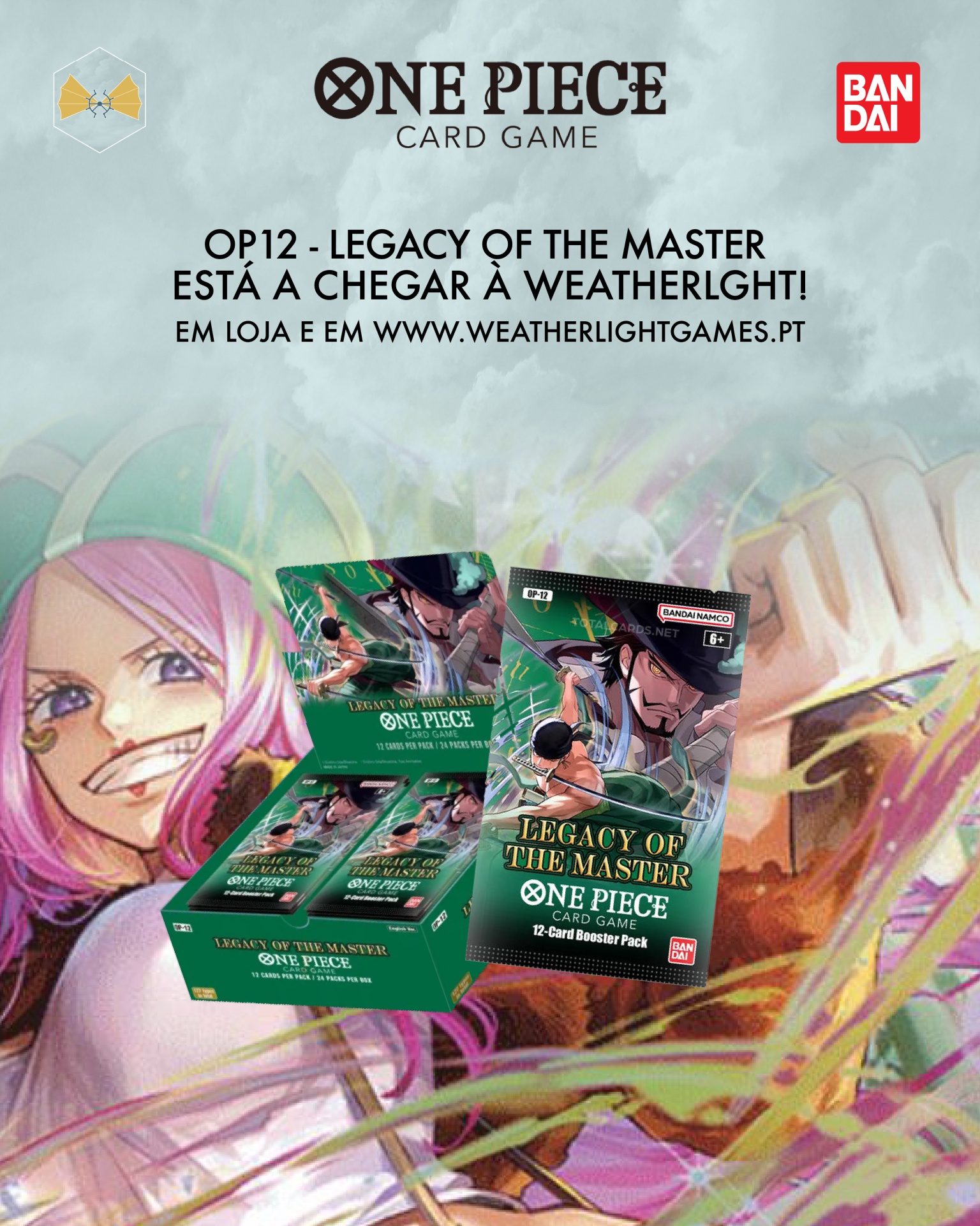 Promoção do jogo de cartas One Piece com caixa e pacote booster no fundo de ilustração colorida.