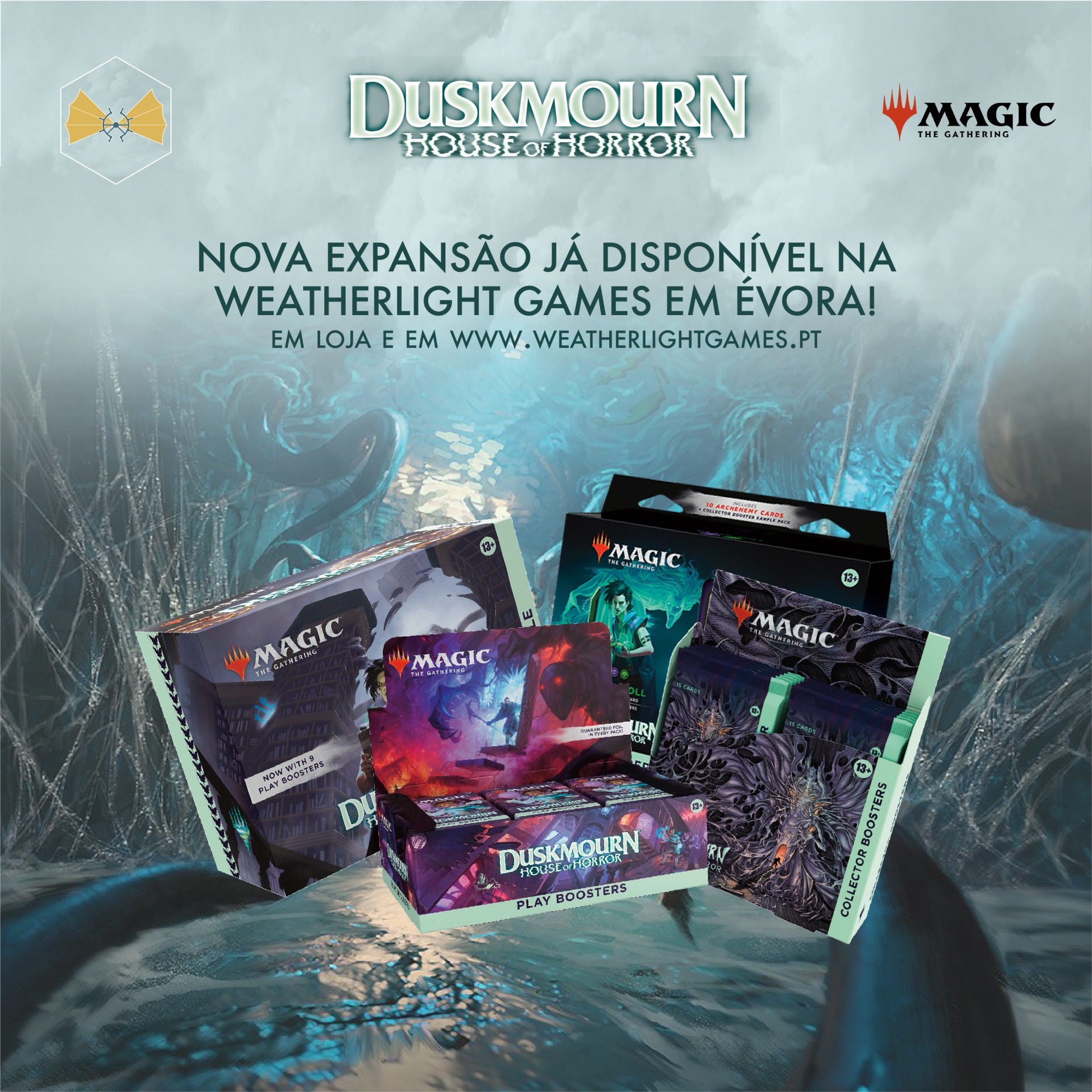 Caixas do jogo Magic Duskmoûn House of Horror com texto promocional em português