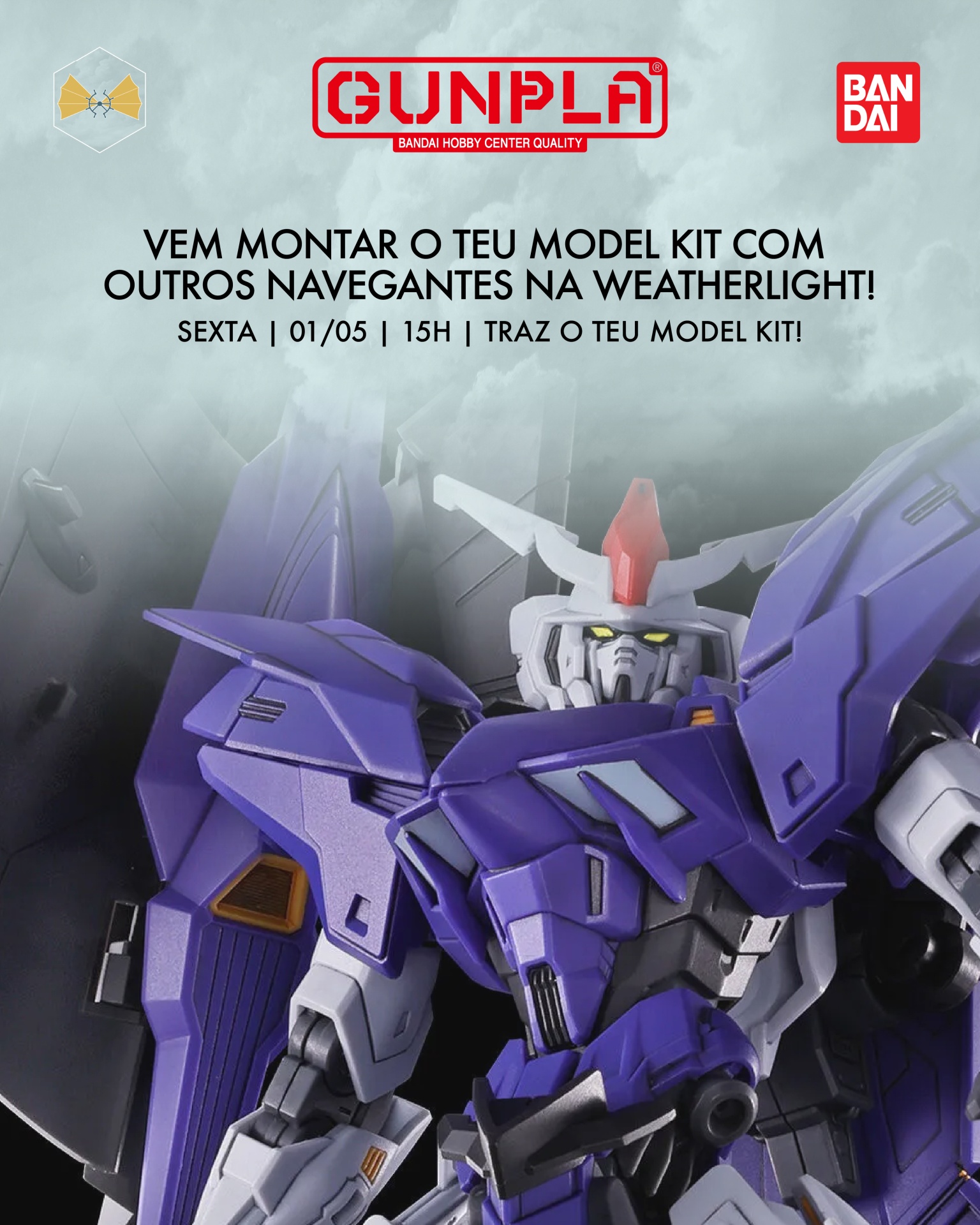 Modelo Gundam roxo com texto de convite para montar model kits na Weatherlight